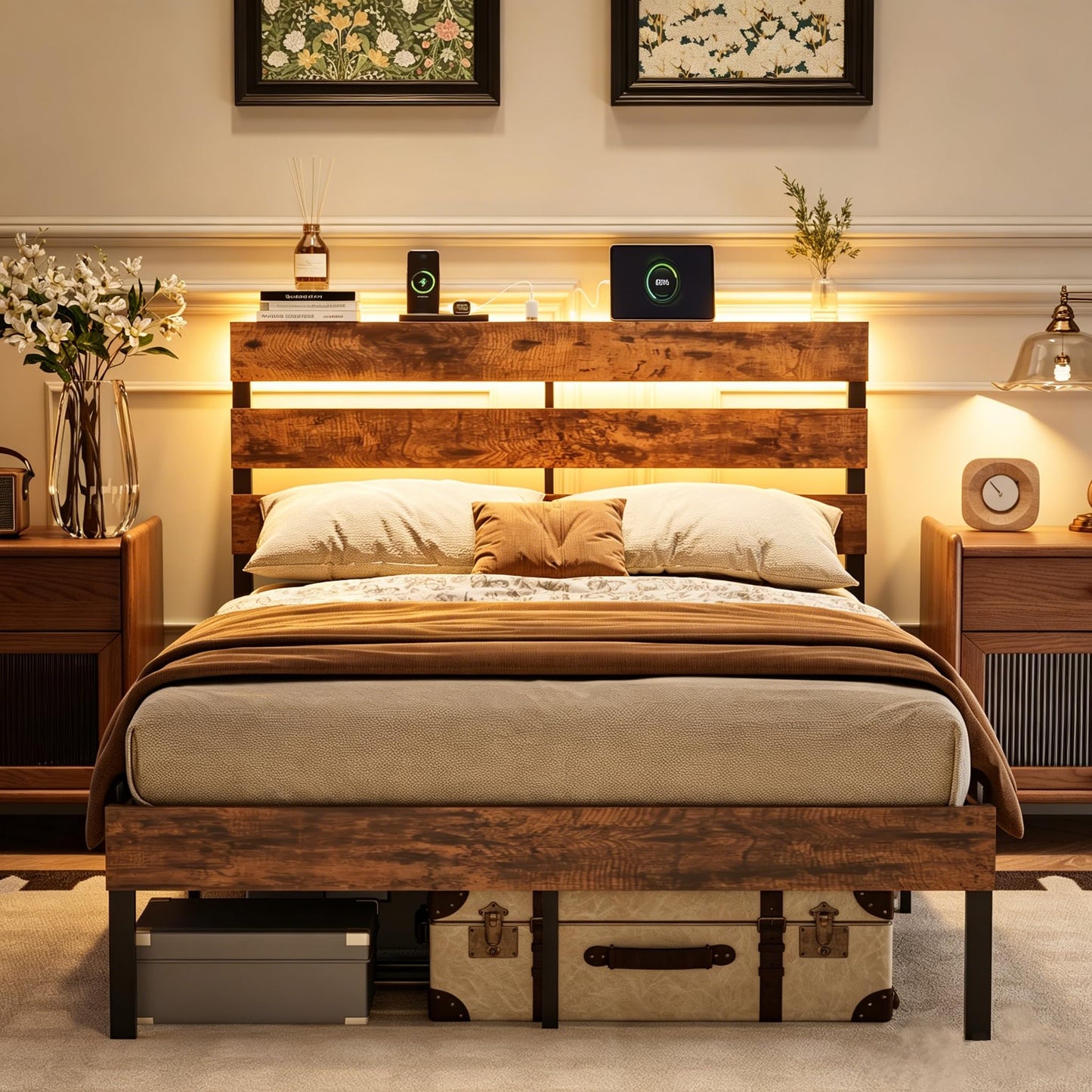 Bonnlo 4ft6 Double Bed Frame with Storage Headboard & LED Lights, 135x190cm, Metal Bed Frame with Charging Station (USB/Type-C/2 Outlets)