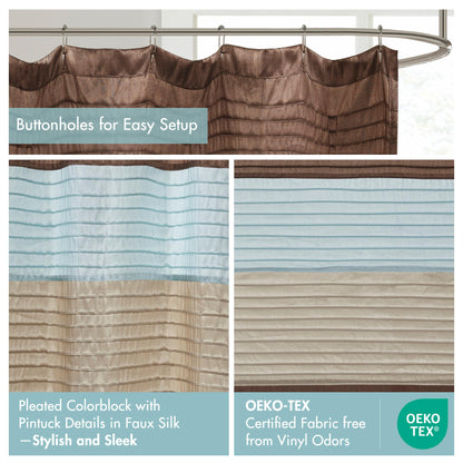Madison Park Bathroom Shower Faux Silk Pieced Striped Modern Microfiber Bath Curtains, Polyester, Blue, 72" W x 72" L (Pack of 1)