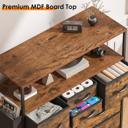 Feonase Chest of Drawers, Bedroom Dresser with 8 Fabric Drawers, Open Storage Shelf, Side Pockets, Wood Top & Metal Frame