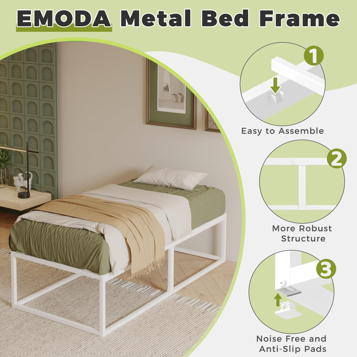 EMODA Small Single Bed Frame 75x190 cm with Sturdy Slats Support, White