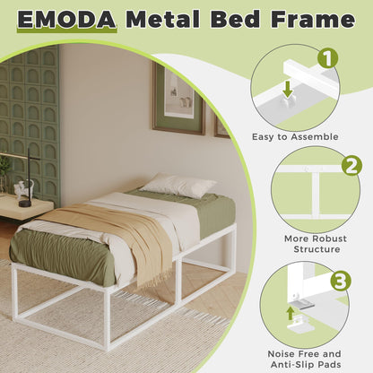 EMODA Small Single Bed Frame 75x190 cm with Sturdy Slats Support, White