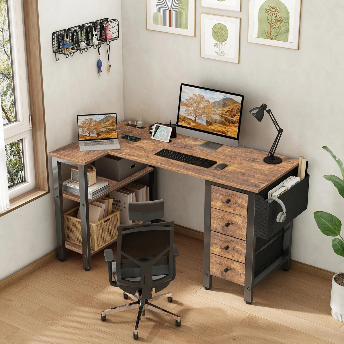 Lufeiya L Shaped Desk with Drawers & Storage Shelves, 120CM Small Reversible Corner Desk with UK Power Outlet for Home Office Bedroom