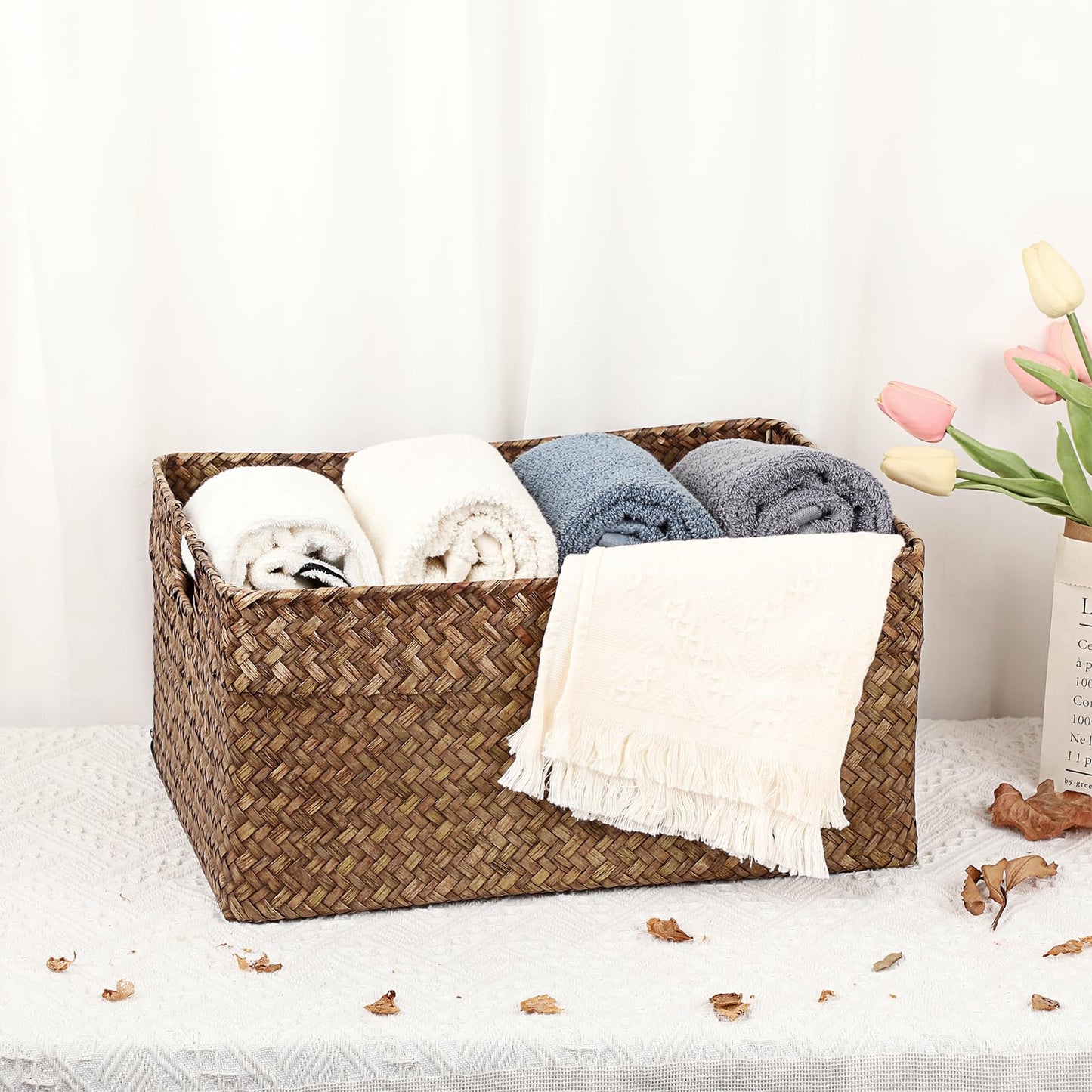 IGNPION Seagrass Storage Opened Basket Living Room Decorative Baskets Woven Wicker Towel Basket Rectangular Bathroom Storage Organiser Box
