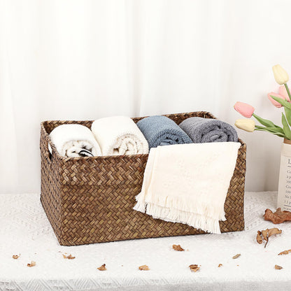 IGNPION Seagrass Storage Opened Basket Living Room Decorative Baskets Woven Wicker Towel Basket Rectangular Bathroom Storage Organiser Box