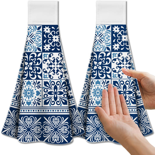 CUTHOLLOW 2Pcs Blue Bohemian Tea Towels for Kitchen with Loop, 31.5x43.5cm Soft Super Absorbent Microfiber Decorative Hanging Dish Towel, Tea, Coffee