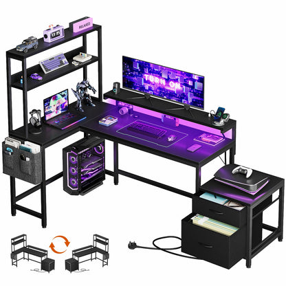 Mossora Carbon Fiber Black Reversible L Shaped Gaming Desk with Drawers
