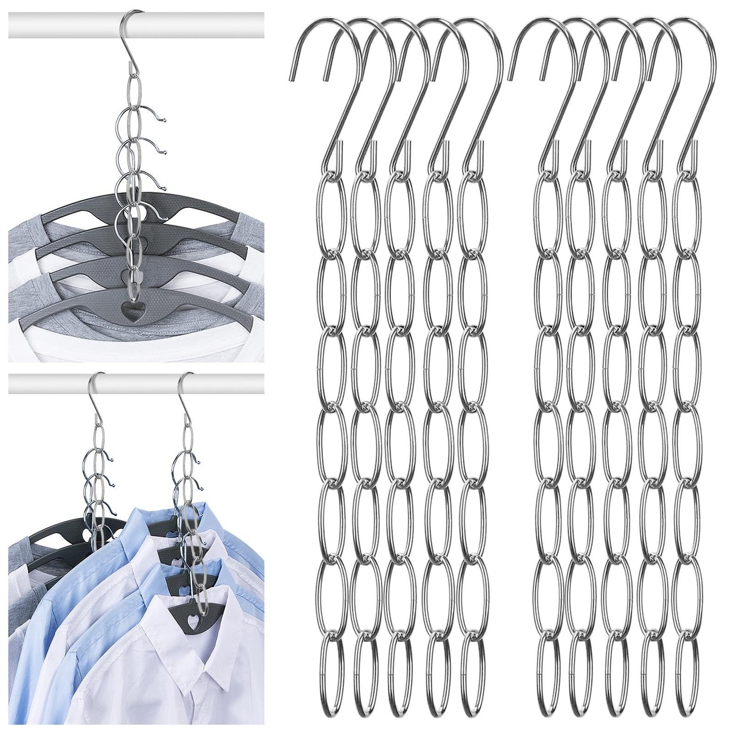 10-Pack Clothing Chain Hanger, Metal Space-Saving Closet Organizer, Anti-Wrinkle 7 Loop Organizer for Clothes, Dorm Room Essentials