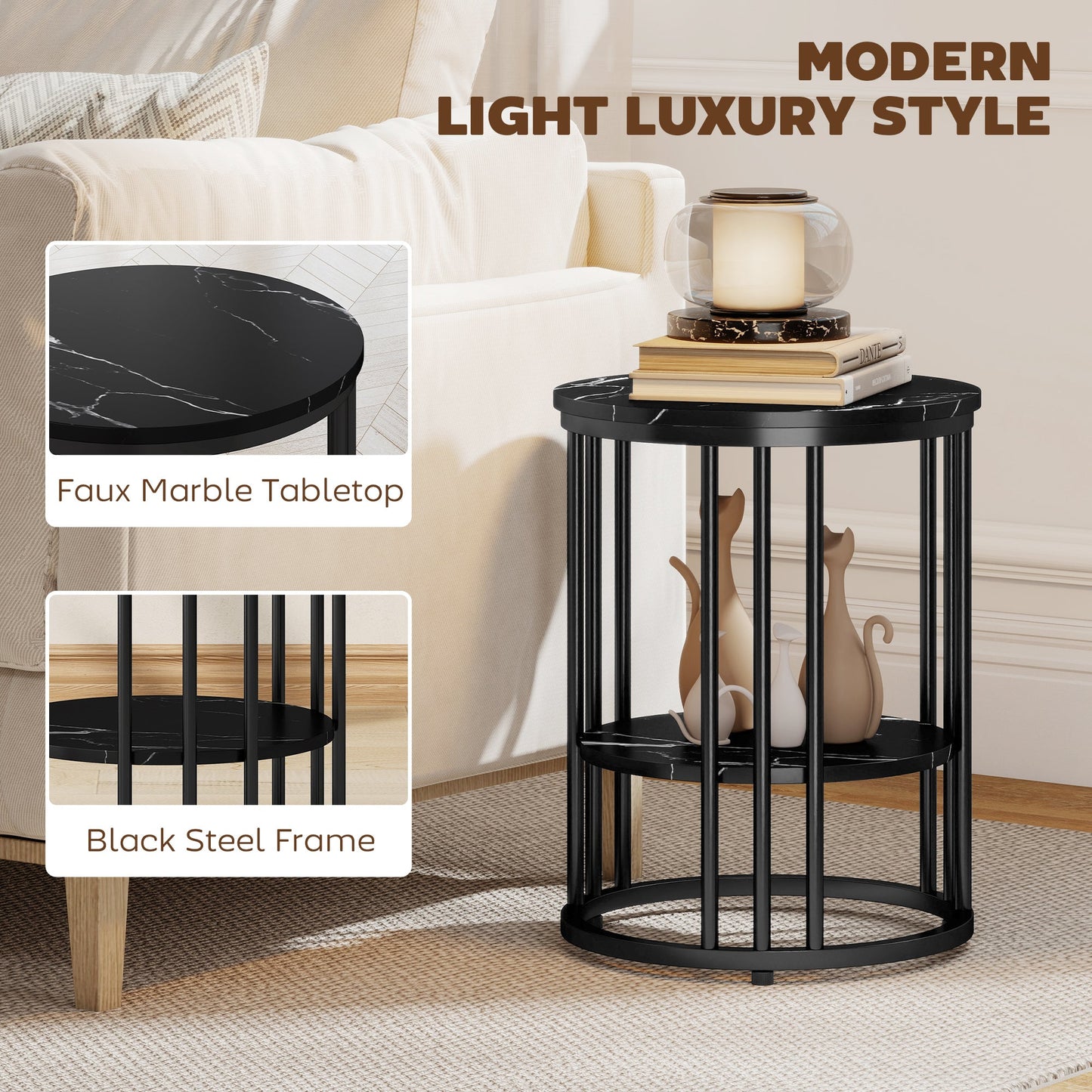 HOMCOM Set of Two Marble-Effect Coffee Tables - Black