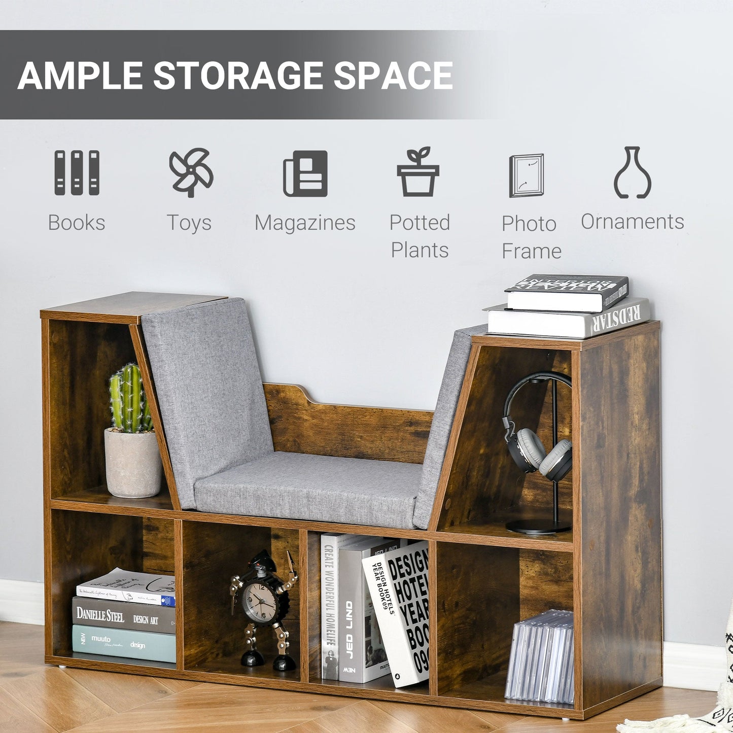Bookcase Storage Reading Seat Unit Kids Adults Six Cubes Brown