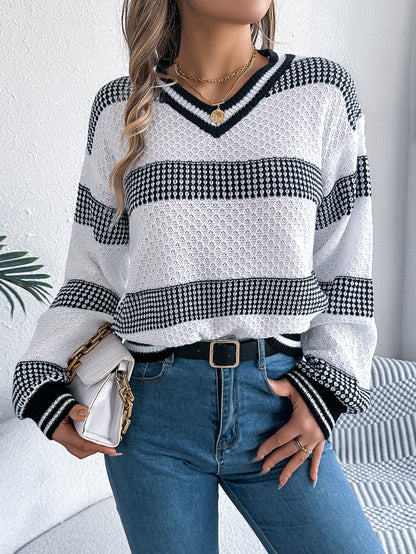 Women V-Neck Color Block Stripe Lantern Sleeve Pullover Sweater