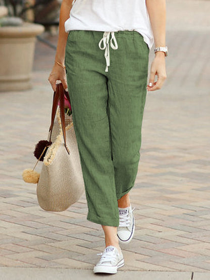 New Solid Color Loose Casual Drawstring Elastic Waist Cotton Linen Cropped Pants