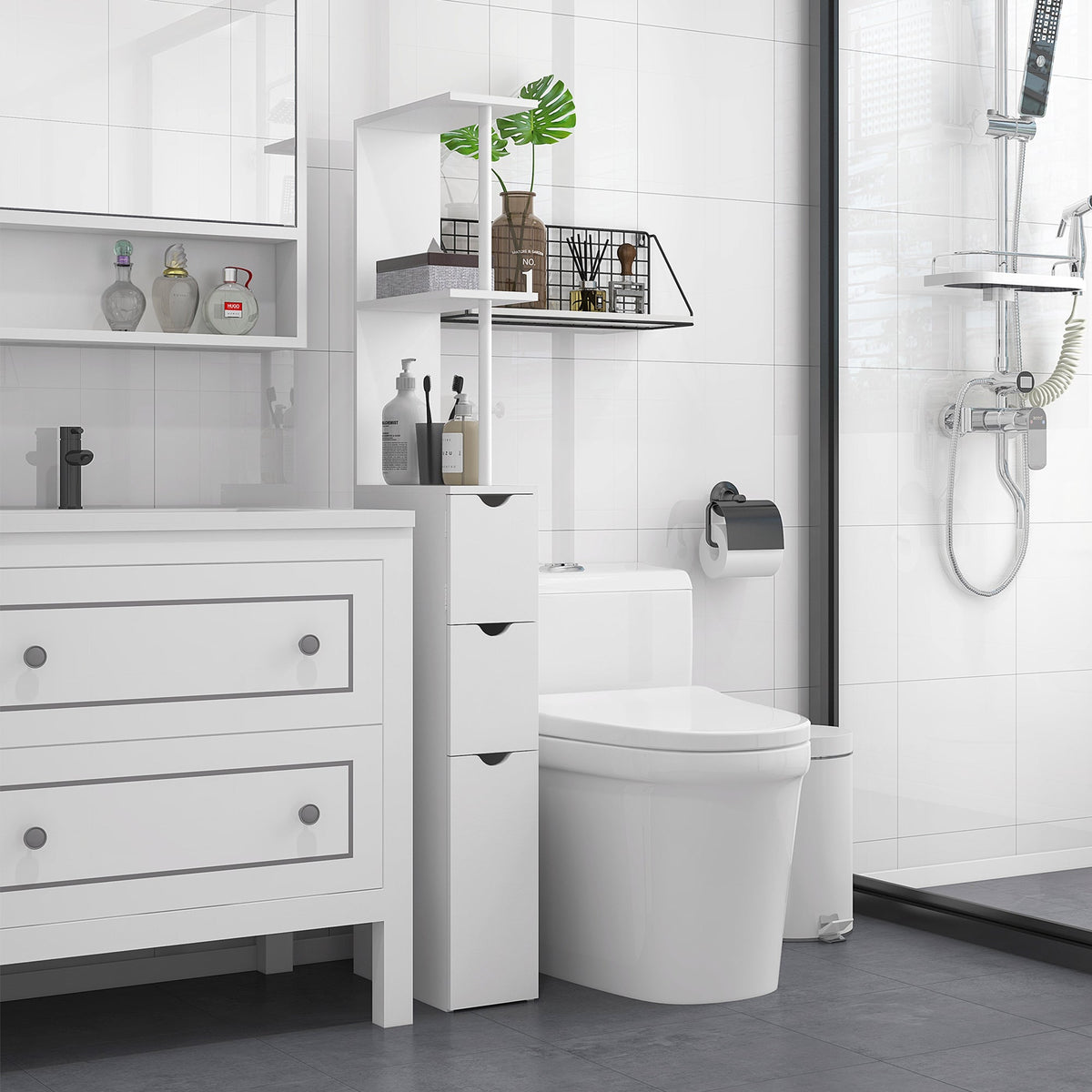 HOMCOM Tall Bathroom Cabinet, Bathroom Storage Cabinet W/ Shelf, Drawers White
