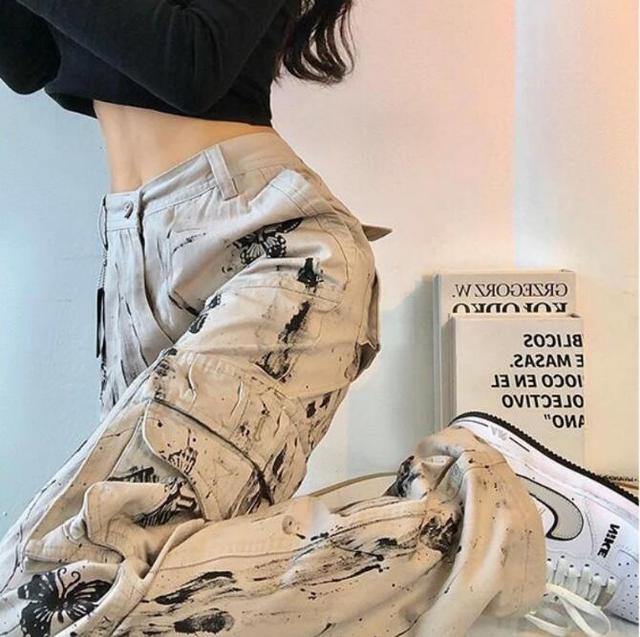 Y2k Splattered Ink Tie-dye Butterfly Tooling Pants Women Spr