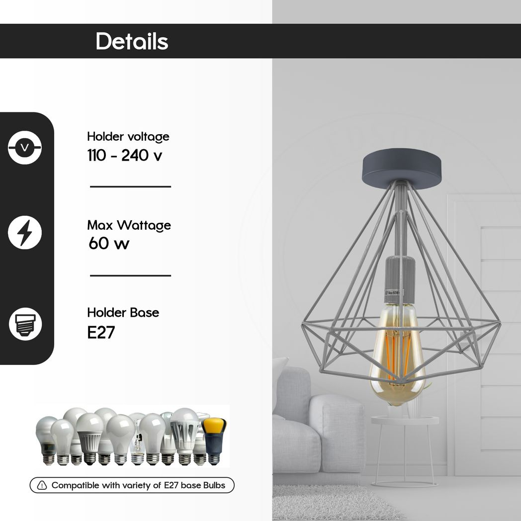 Red Vintage Semi Flush Mount Ceiling Light Fixture Metal Cage Ceiling Lampshade with E27 Holder