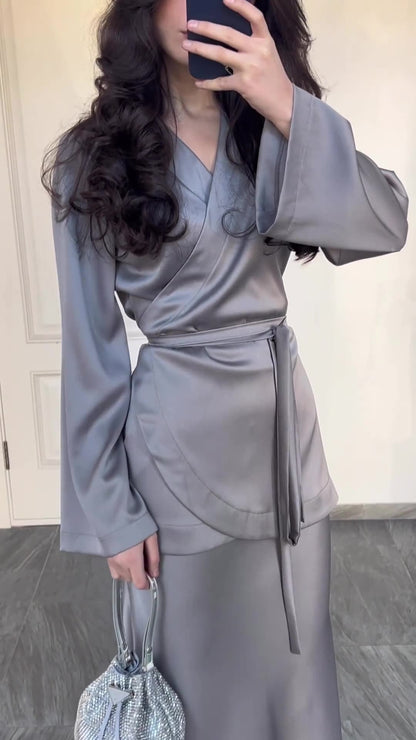 Fashion Satin Patchwork Long Dress Suit Women