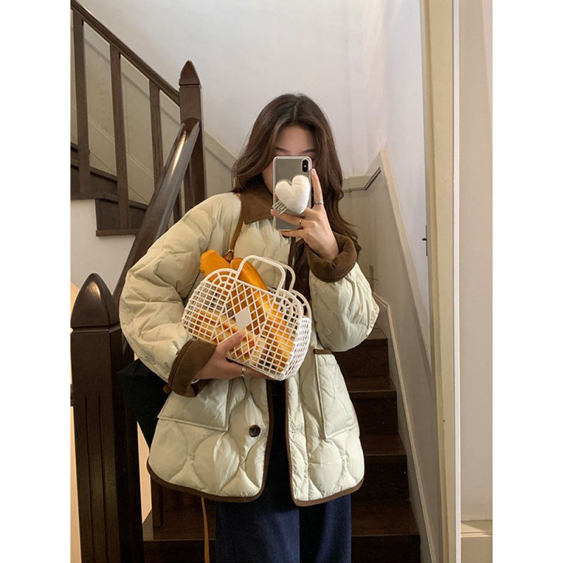 Design Lapel Hit Color Diamond Lattice Winter Coat