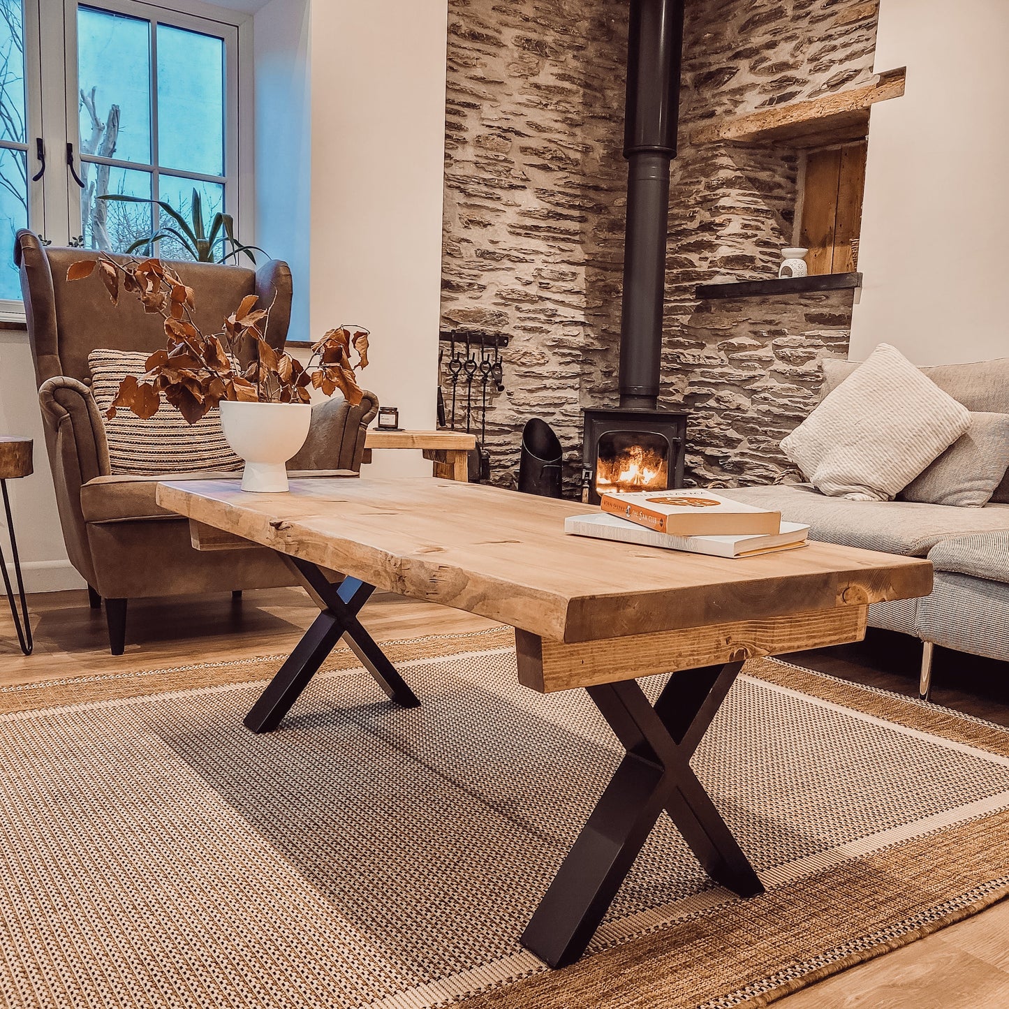 RITA Live / Waney Edge Coffee Table With Metal X Legs