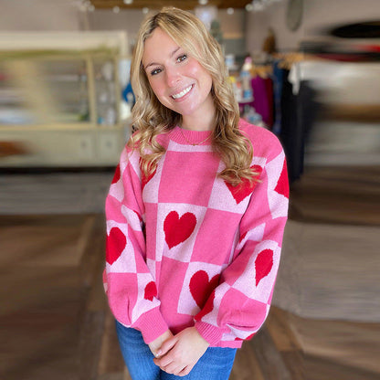Women's Sweet Plaid Thermal Colorblock Crewneck Sweater
