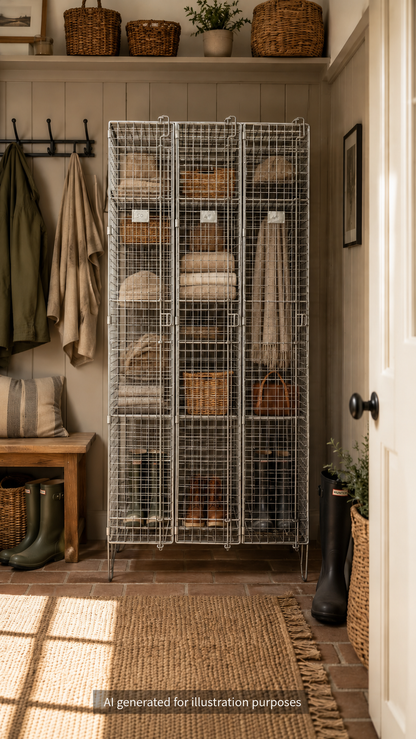 Industrial Vintage Wire Mesh Three Door Locker Storage Cabinet Cage Wardrobe