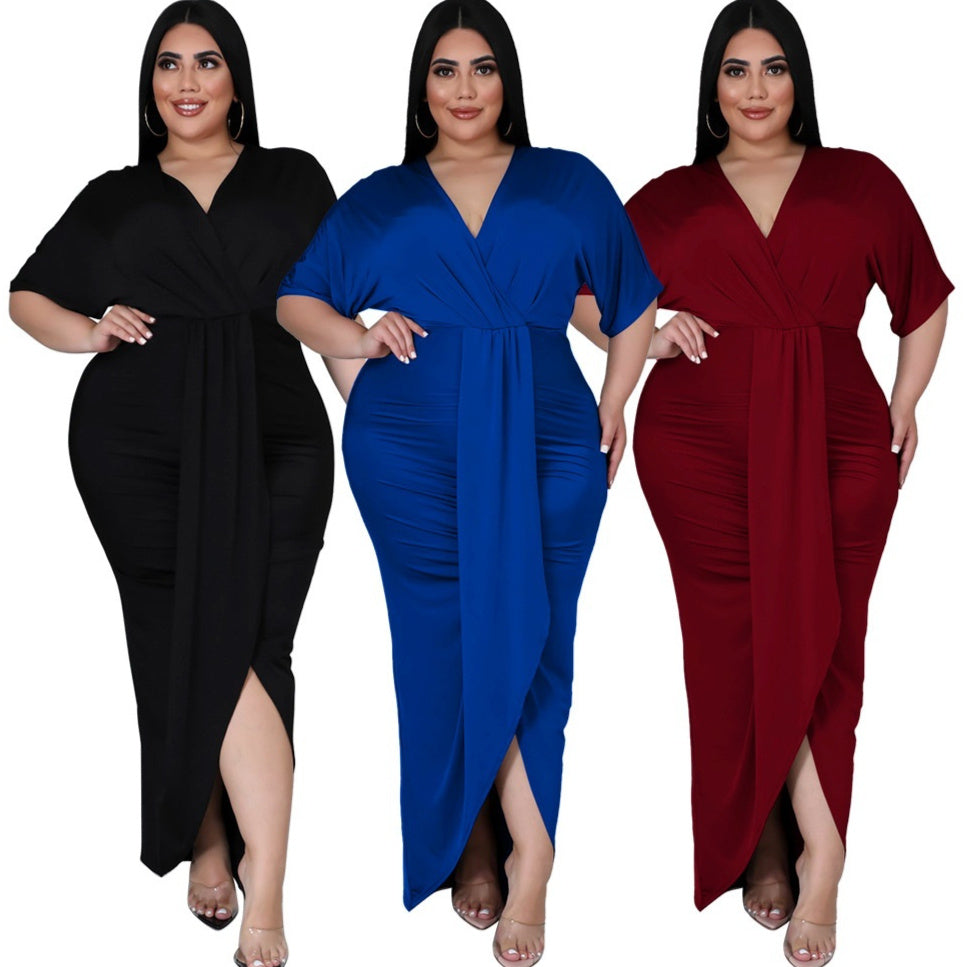 Women's Fashion Plus-Size Irregular Long-Sleeve V-Neck Dress