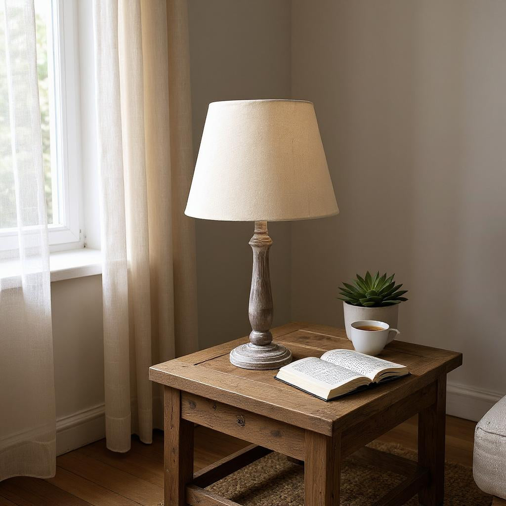 AcaciaHome Stylish & Elegant Tall Wooden Beige Washed 45cm Table Lamp with Taupe Linen Shade – Energy-Efficient E27 Bulb with Shabby Chic Lighting for Bedroom, Living Room & Office