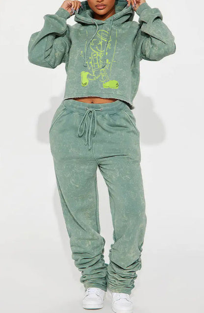 Casual Printed Hooded Short Sweatshirt Set
