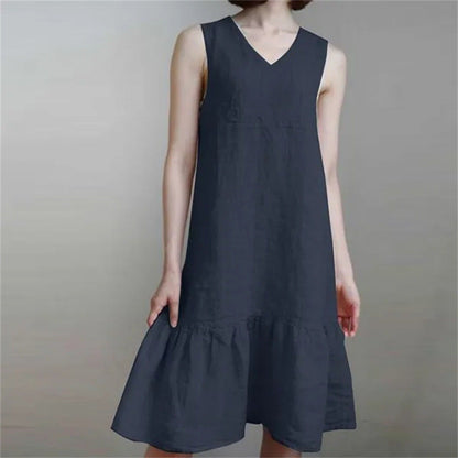 Loose-fit V-neck Solid-color Pleated Strap Sundress In Cotton And Linen