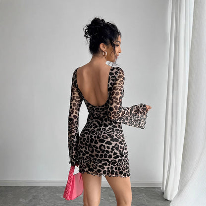 Women's Sexy Leopard-Print Backless Flare-Sleeve Mesh Dress
