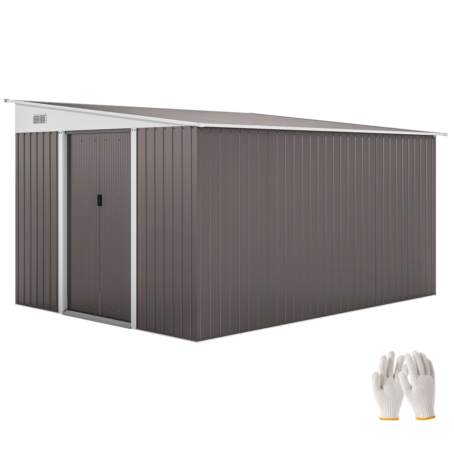 11.3 x 9.2ft Steel Garden Shed Metal Tool House Double Doors & 2 Air Vents, Grey