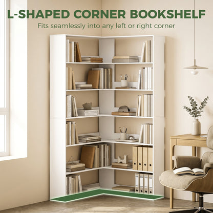 HOMCOM 7 Tiers Bookshelf, L-Shaped Corner Bookcase with Anti-Slip Rear Guard, White Wood Effect
