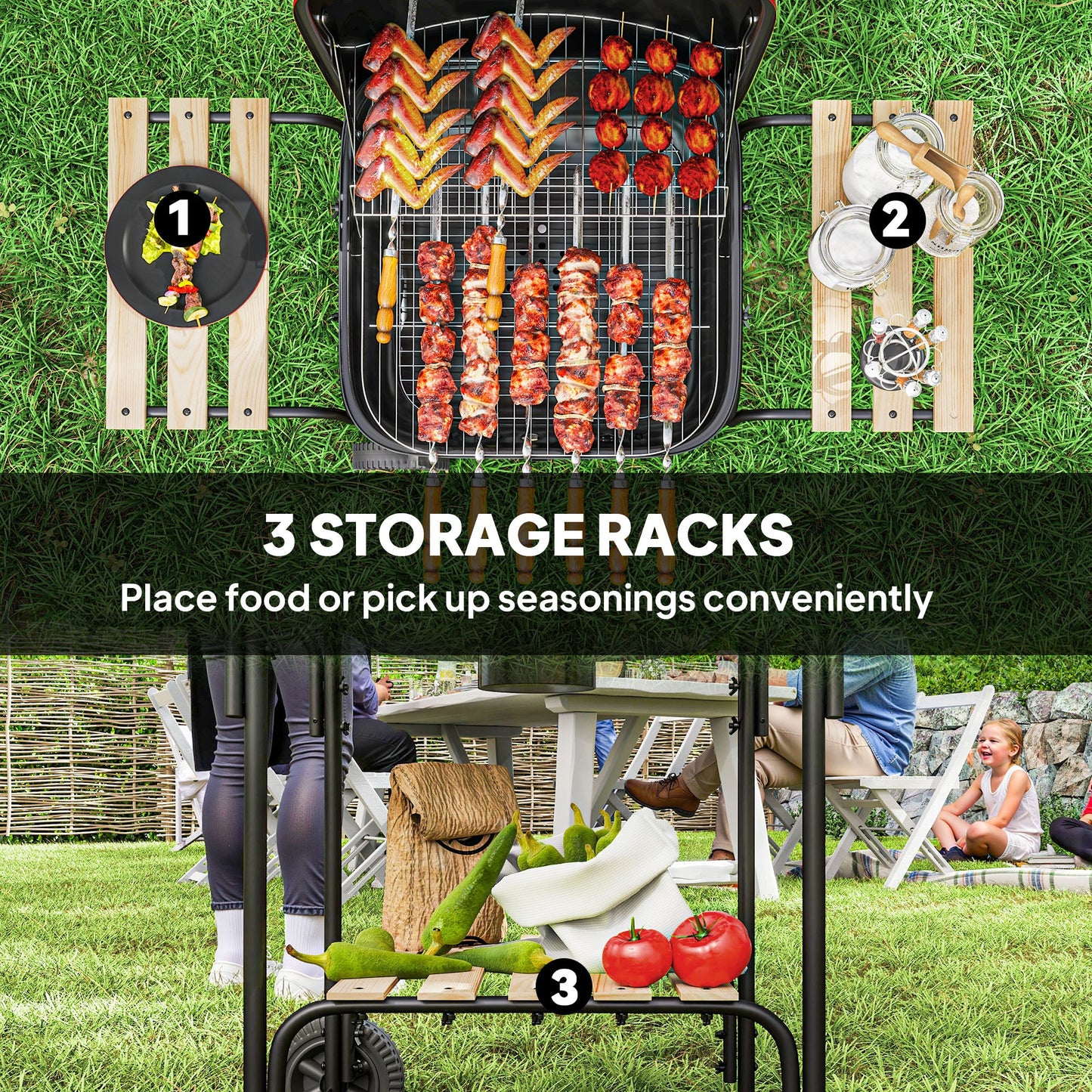 Outsunny Charcoal Barbecue Grill Portable BBQ Grill with 1840 cm² Cooking Area, 3 Shelves, Adjustable Vent, Lockable Lid, Wheels for Outdoor Cooking, Garden Party, Red