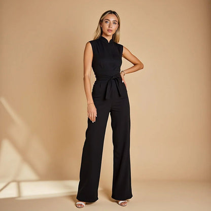Temperament strap waist cinching jumpsuit sleeveless wide leg pants