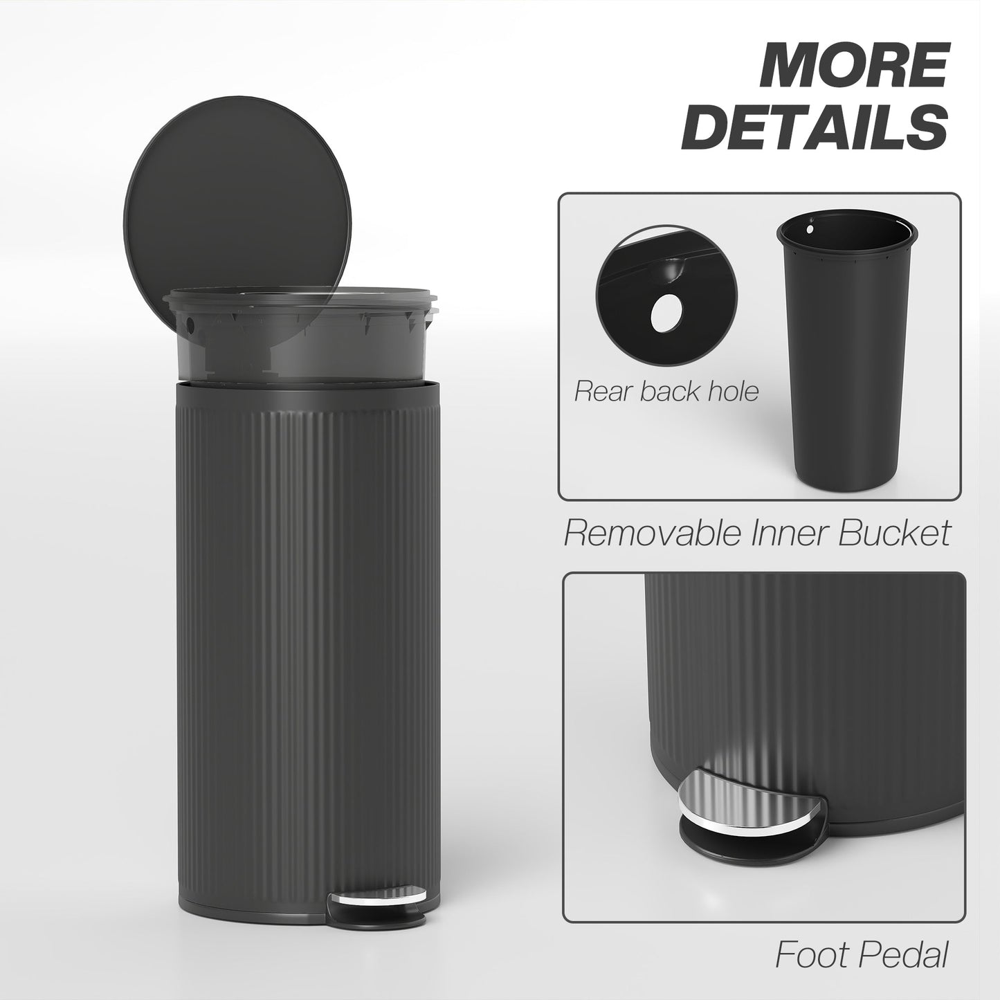 HOMCOM 30 Litre Pedal Kitchen Bin with Soft Close and Stay Open Lid, Rubbish Bin with Removable Inner Bucket for Kitchen, Office, Home, Black