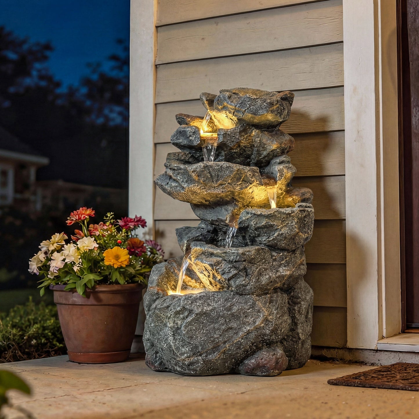 Outsunny Outdoor Water Fountain with 6-Tier Rock Style, Cascading Waterfall Feature with LED Lights, Adjustable Flow, Grey