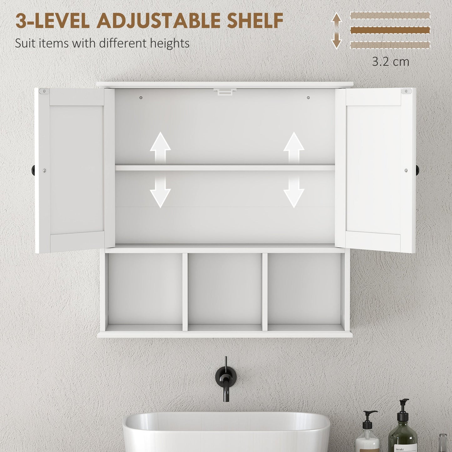 HOMCOM Farmhouse Bathroom Wall Cabinet, Wall Mounted Medicine Cabinet with Adjustable Shelf, Open Compartments, White