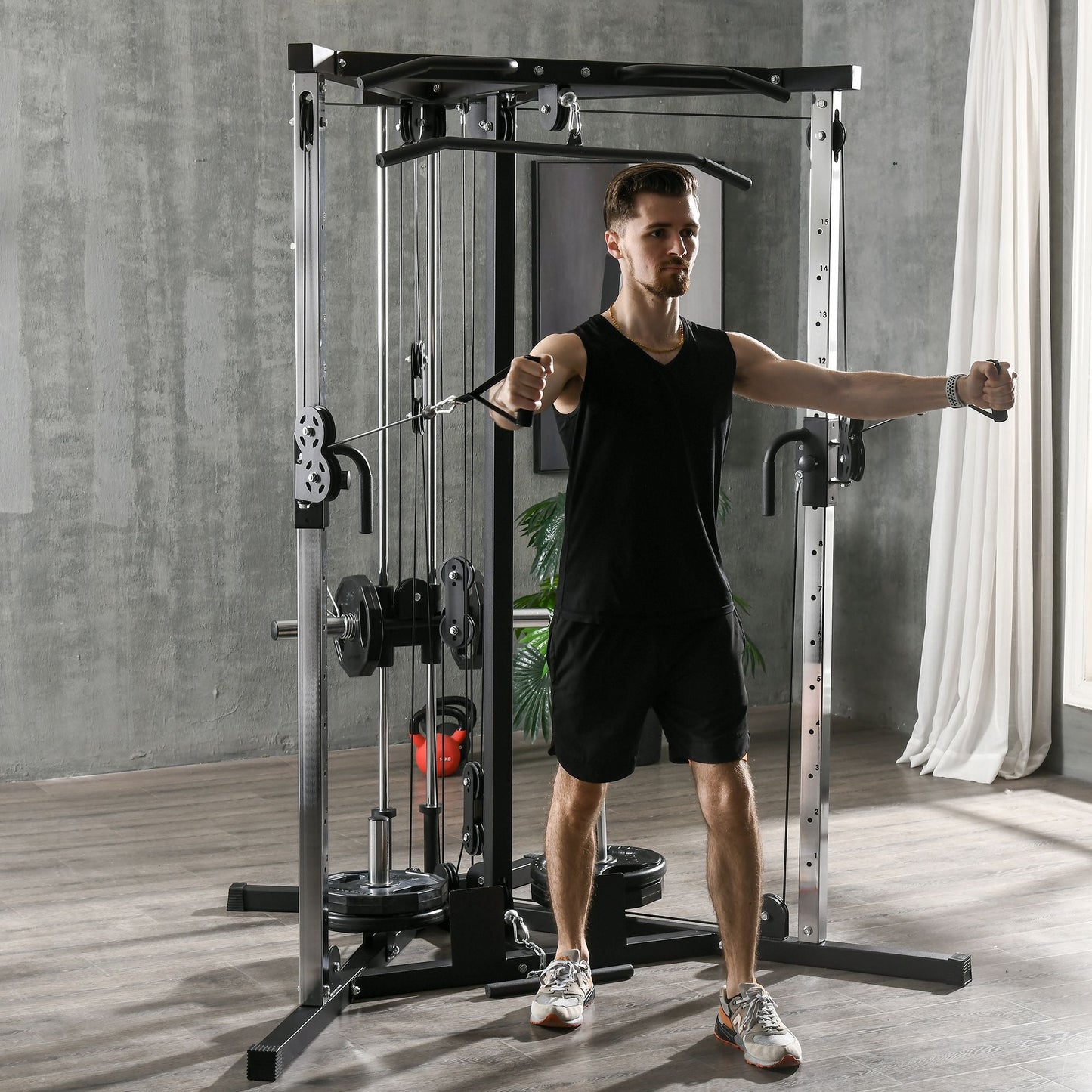 SPORTNOW Home Gym Machine, Multifunctional Gym Equipment with High and Low Pulleys, Pull Up Bar, 15-Position Adjustable Strength Training Workout Station for Full Body Fitness