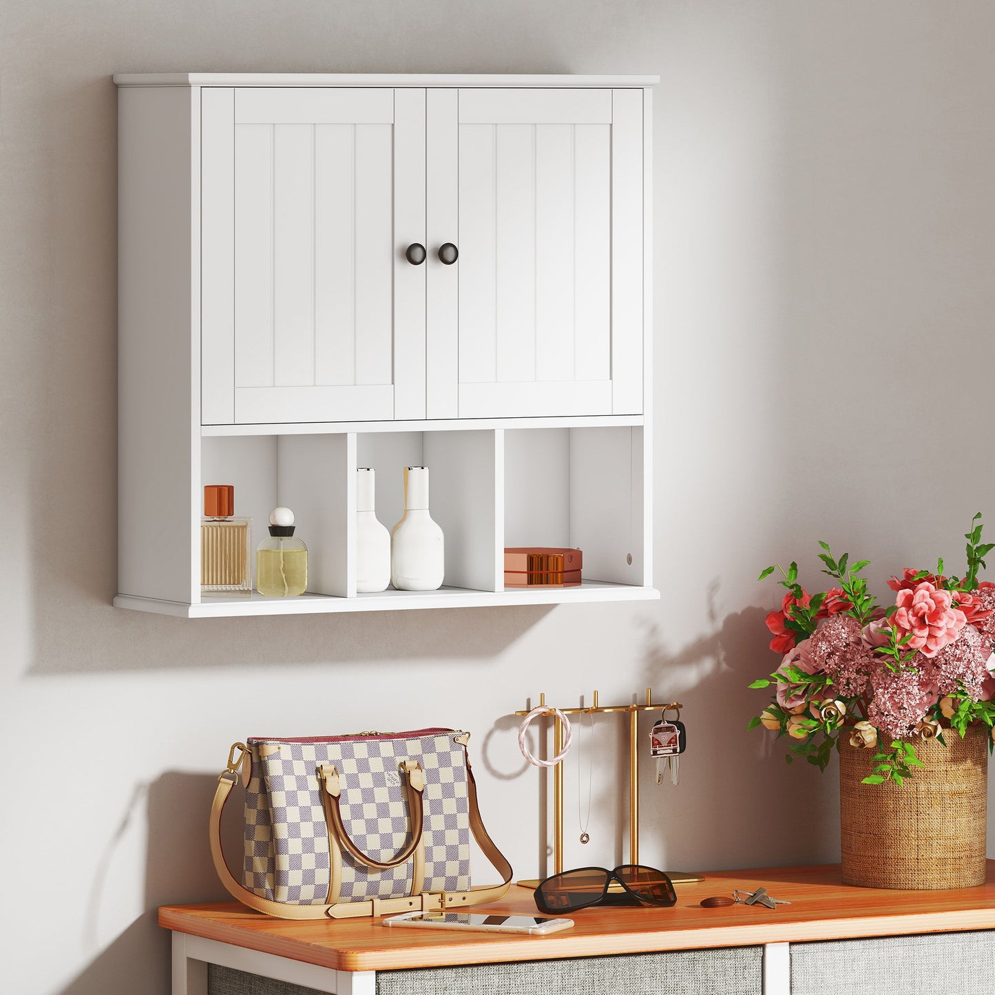 HOMCOM Farmhouse Bathroom Wall Cabinet, Wall Mounted Medicine Cabinet with Adjustable Shelf, Open Compartments, White
