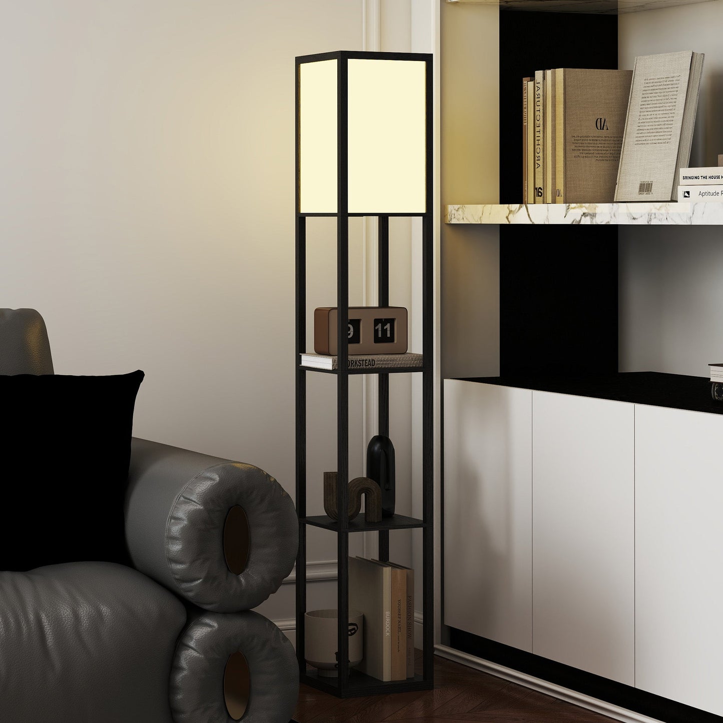 HOMCOM Floor Lamp with Shelves, 3 Layer Column Modern Standing Lamp for Living Room, Bedroom, Office, Bulb not Included, Black