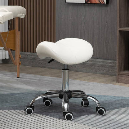 HOMCOM Cosmetic Stool 360\'c2\'b0 Rotate Height Adjustable Salon Massage Spa Chair Hydraulic Rolling Faux Leather Saddle Stool, Cream
