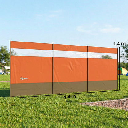 Outsunny Camping Windbreaker with Clear Windows, Carry Bag and Steel Poles, for Beach Caravan Campervan, 440 x 140cm, Orange