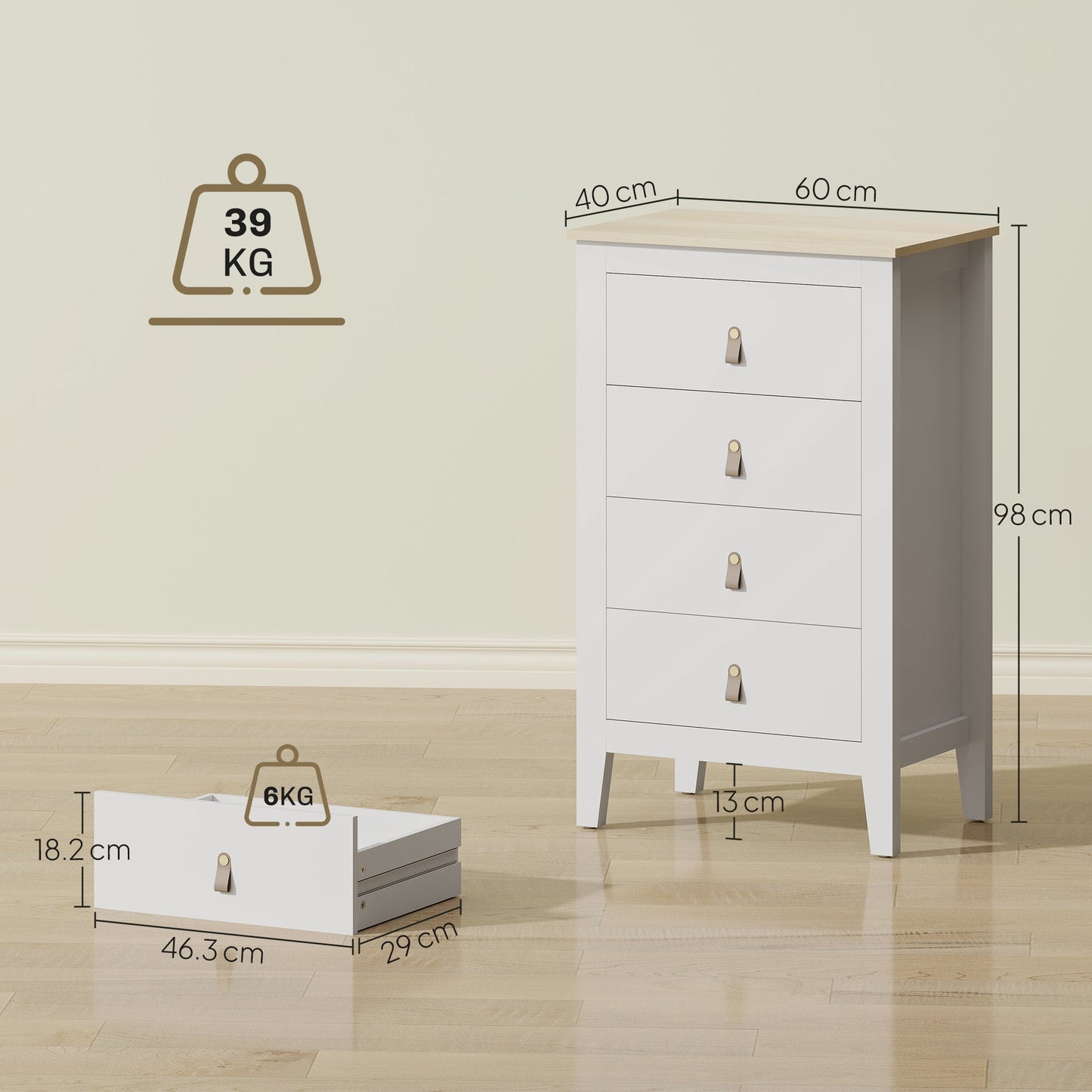 HOMCOM Bedroom Chest of Drawers, Modern 4 Drawer Dresser Cabinet with PU Leather Handles and Metal Runners for Living Room, Hallway, Entryway, White