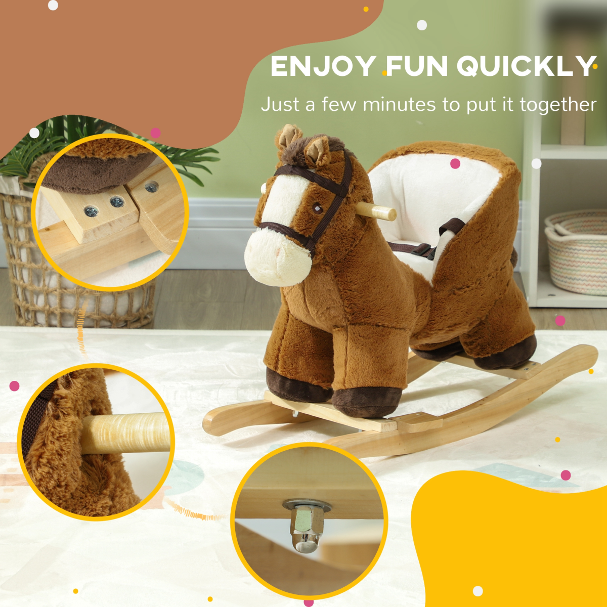 AIYAPLAY Kids Rocking Horse w/ Sound, Safety Belt - Brown