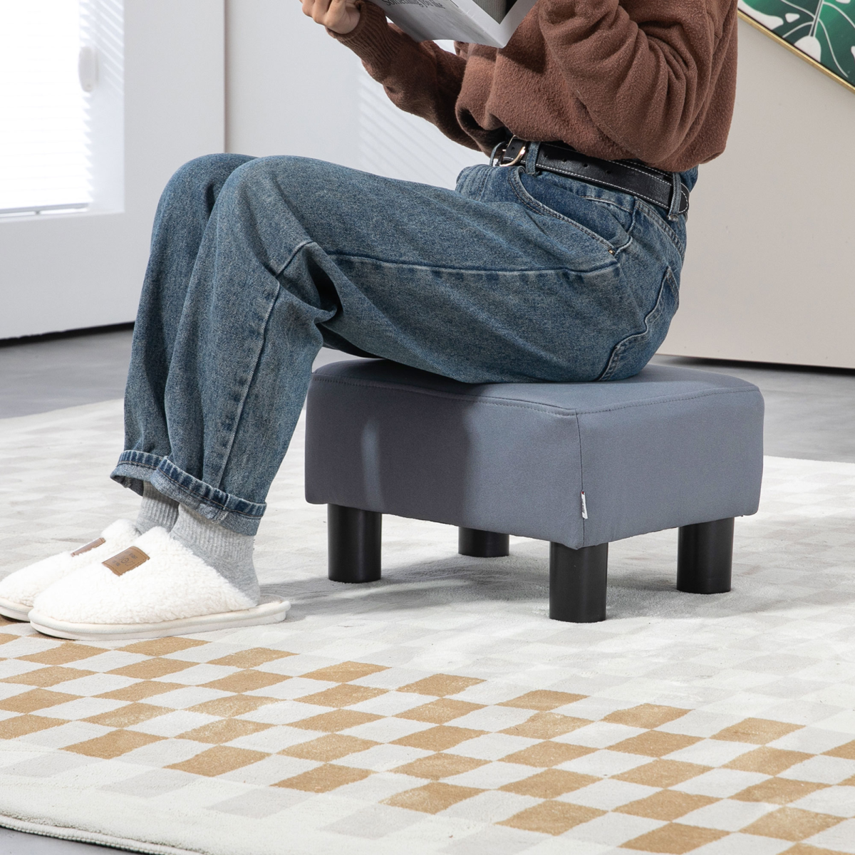 Ottoman Footrest Seat Chair Footstool Small PU Leather Home Office Grey