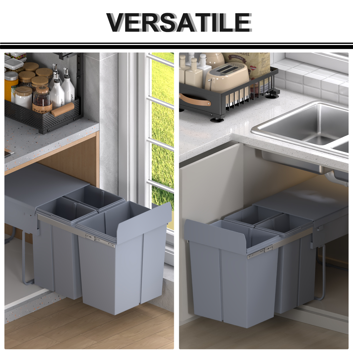Recycle Waste Bin Pull Out Dustbin Recycling Cabinet  40L-Grey