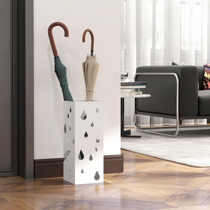 HOMCOM Metal Umbrella Stand, Square Umbrella Basket with 4 Hooks Drip Tray White