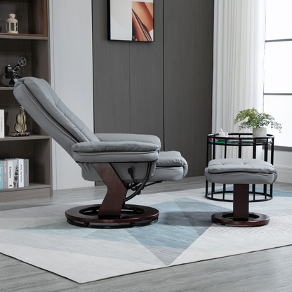 Swivel Manual Recliner and Footrest Set PU Lounge Chair Wood Base, Grey