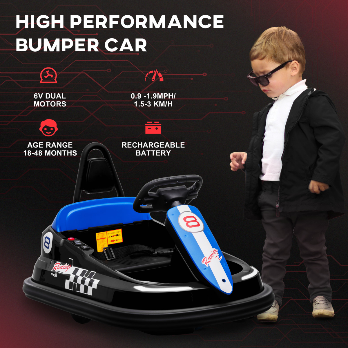HOMCOM 6V Kids Bumper Car, 360-Degree Rotation Waltzer Car w/ 2 Speeds - Black