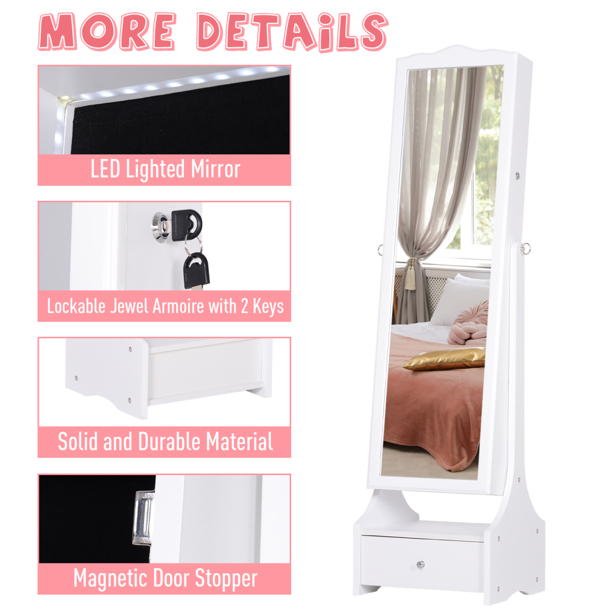 Mirrored Jewelry Cabinet Armoire Floor Standing  Lock, LED Light White