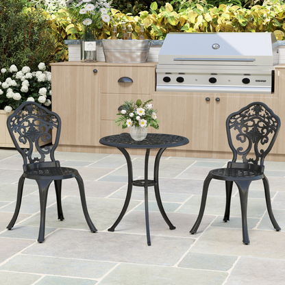 Outsunny 3 PCs Cast Aluminium Bistro Set w/ Parasol Hole for Balcony, Black