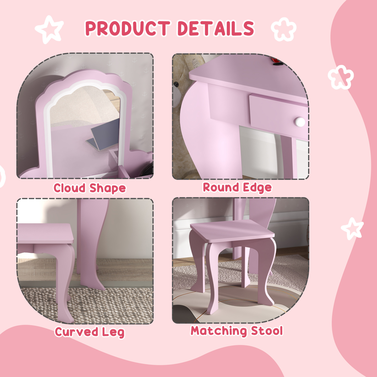ZONEKIZ Kids Dressing Table Cloud Design with Mirror Stool Drawer Storage Boxes